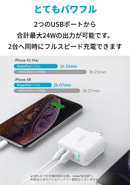 【Anker】PowerPort 2 Elite(USB 急速充電器 24W 2ポート) 