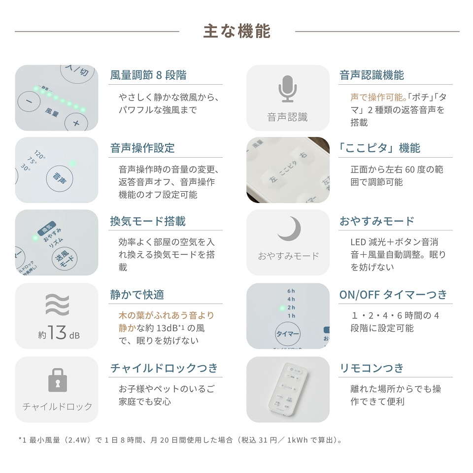 【siroca】ポチタマ扇 声で操作する音声認識扇風機 WH