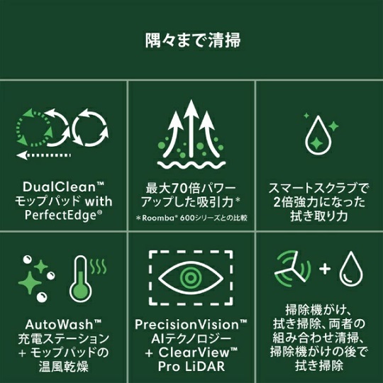 【‎iRobot】壁際など隅々まで水拭き モップ自動洗浄 掃除機